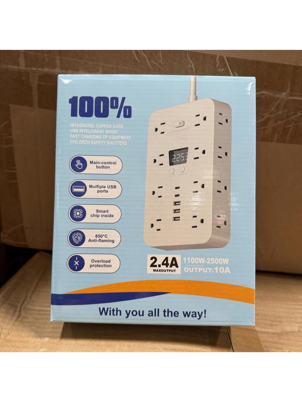 10FT Power Strip Tower 16 Outlets 3 USB 2500W Overload Protection Black